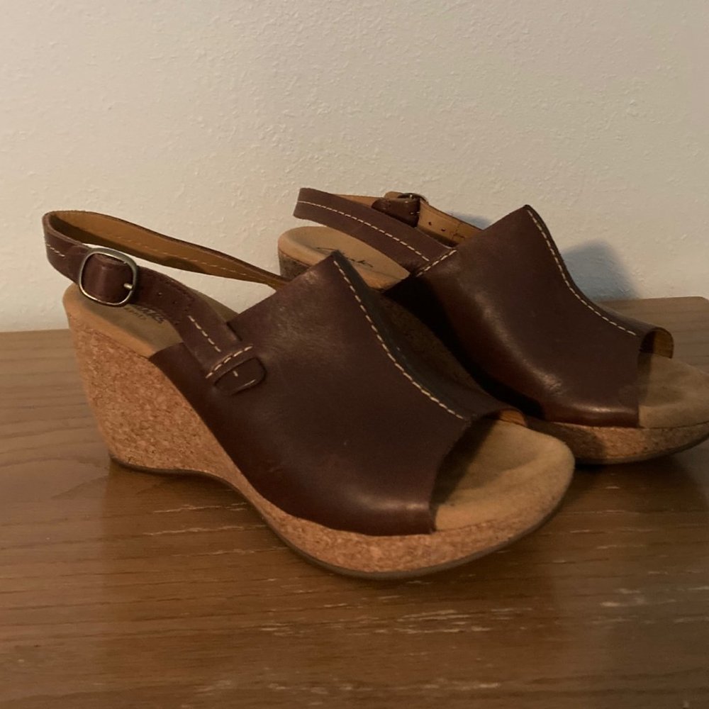 Clarks Cork Wedge Sling Rich Brown Sandal Sz 9.5
